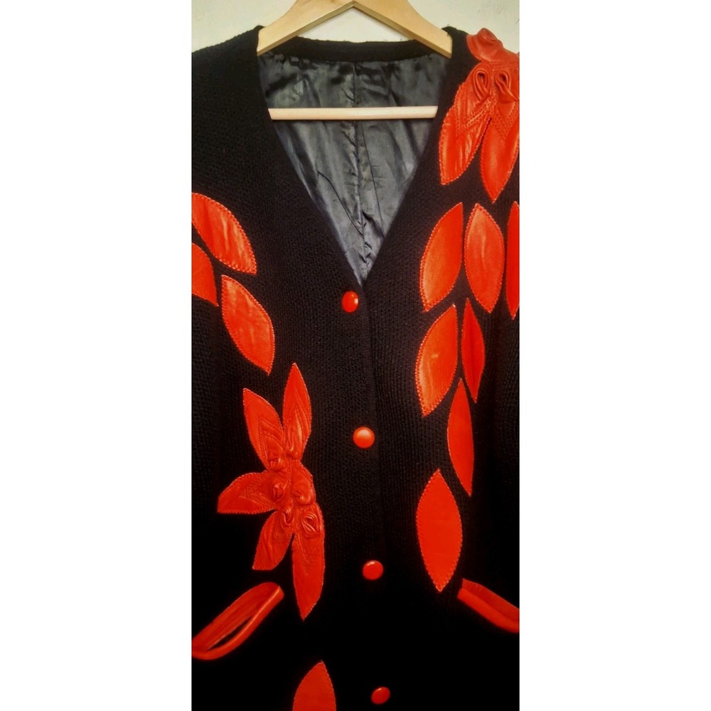 Vintage 80s Sweater Cardigan‎ Red Leather Roses Retro Stranger Things Aesthetic - Picture 5 of 15